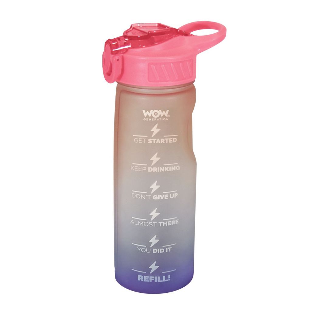 Gradient water bottle with motivational text and pink cap on a white background