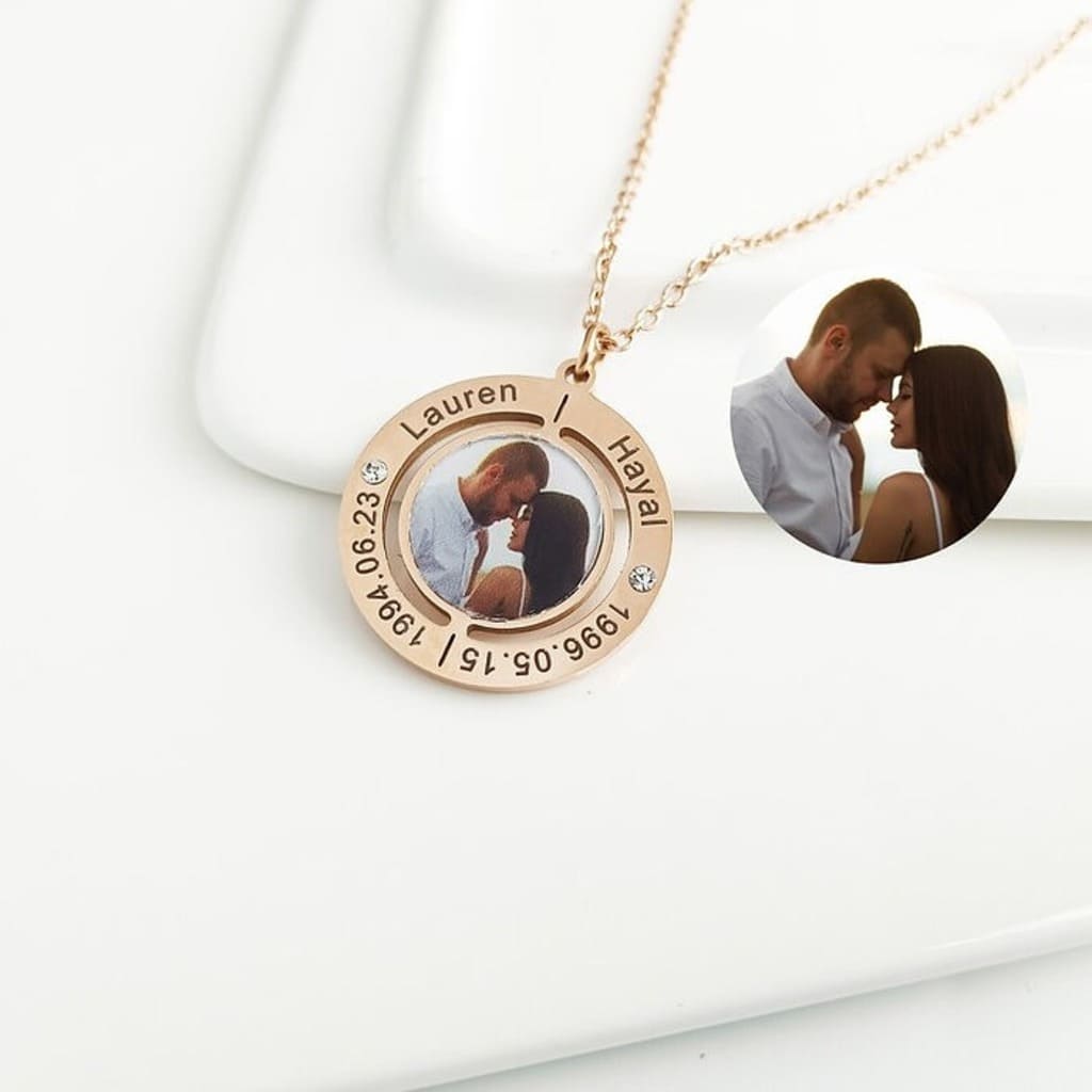Personalized necklace with photos and names on a white background