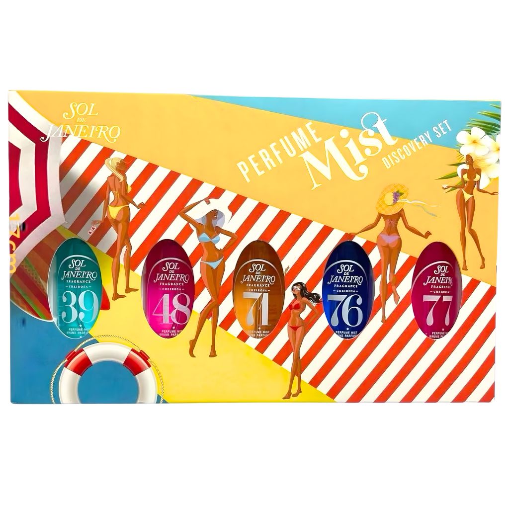 Perfume mist discovery set packaging with beach-themed design and product bottles.