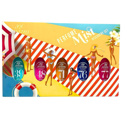 Perfume mist discovery set packaging with beach-themed design and product bottles.