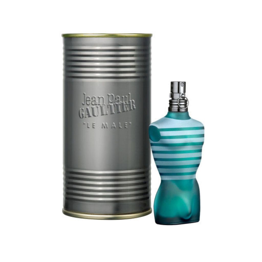 Jean Paul Gaultier Le Male perfume bottle and packaging on a white background