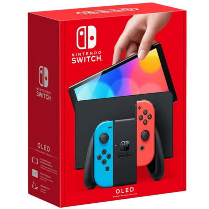 Nintendo Switch OLED packaging with a hand holding the console on a red background
