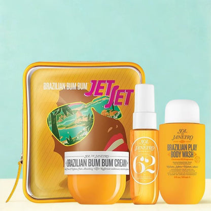 Collection of Brazilian Bum Bum products including a tin, cream, and body wash on a light blue background.