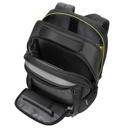 Black backpack with open front compartment on a white background