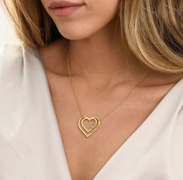 Personalized Name Double Heart Pendant Necklace