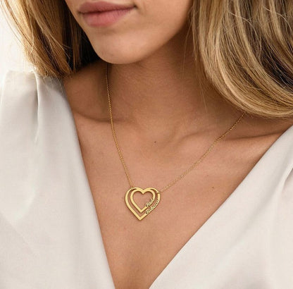 Personalized Name Double Heart Pendant Necklace