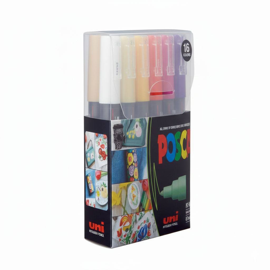 Packaging of POSCA paint markers with 16 colors displayed.