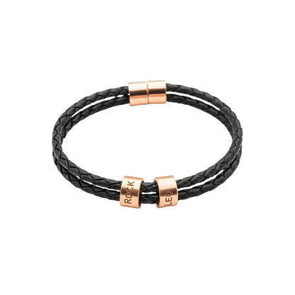 Black braided leather bracelet with rose gold magnetic clasp on a white background