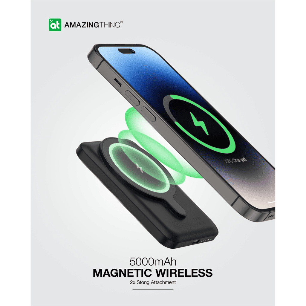 Wireless charging device with smartphone on a white background, featuring 'Amazing Thing' brand.