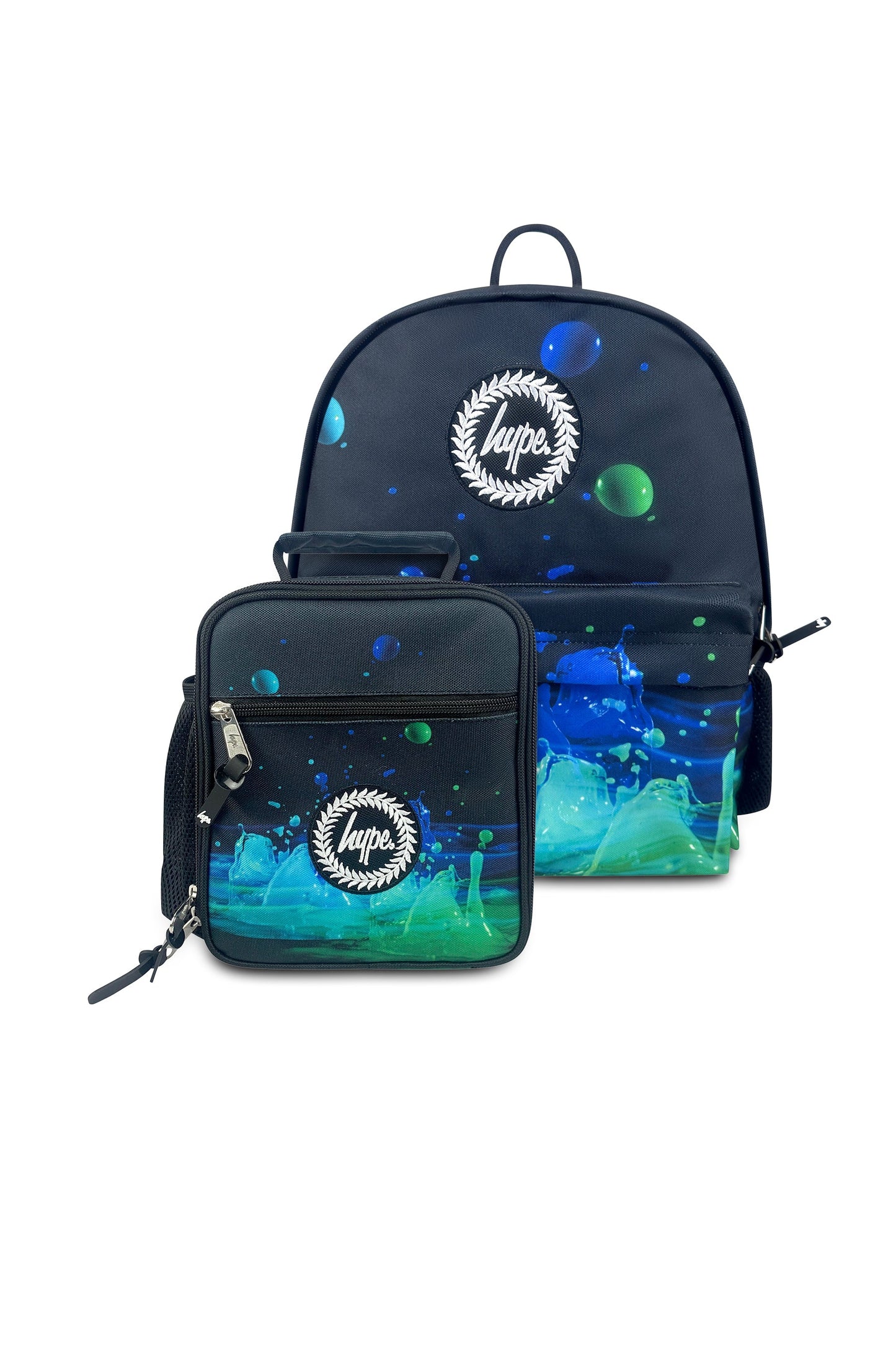 Backpack and smaller pouch with blue and green abstract design and Hype logo on a white background
