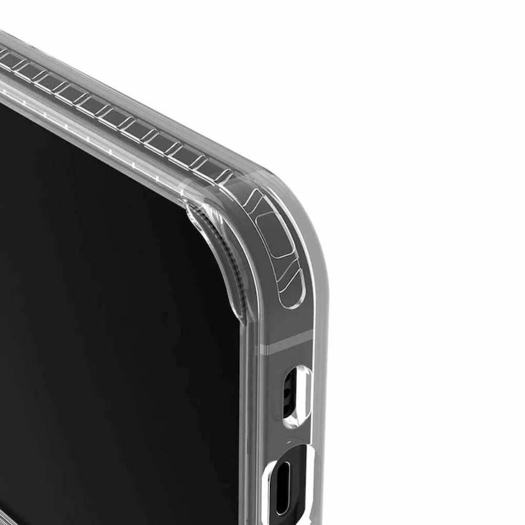 Clear phone case with textured border on a white background