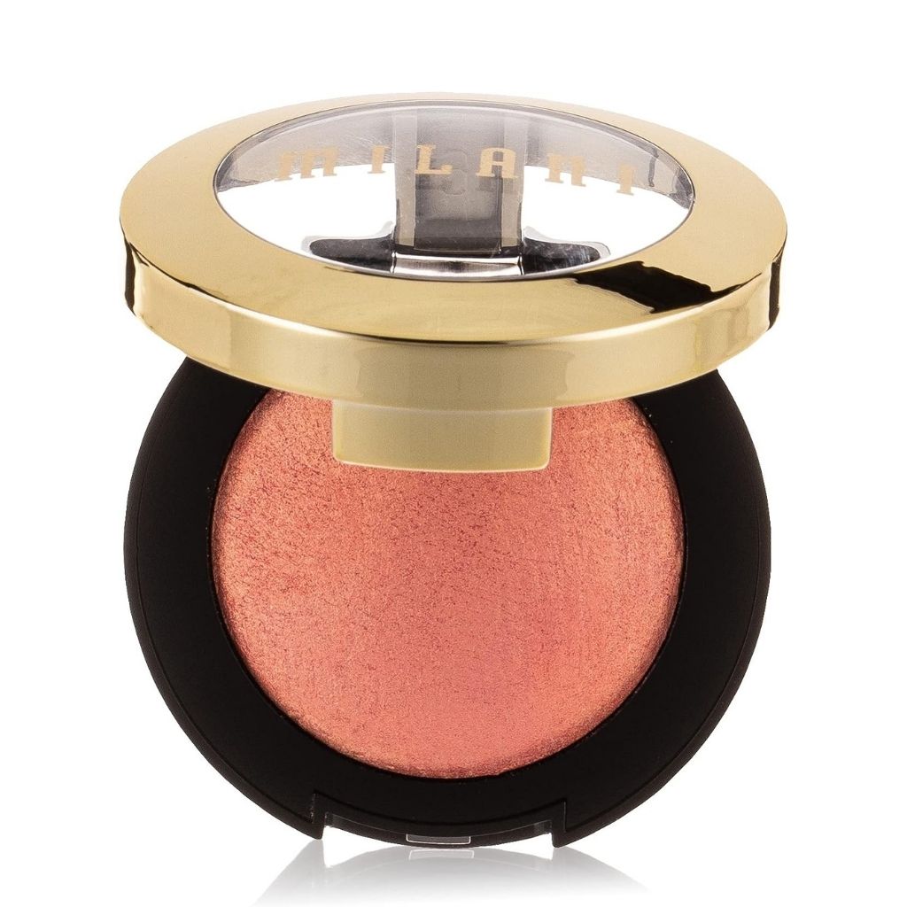 Compact blush with gold lid and black case on a white background