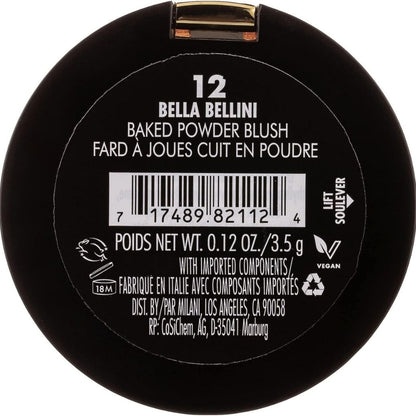 Back of a Bella Bellini baked powder blush container with label and barcode.