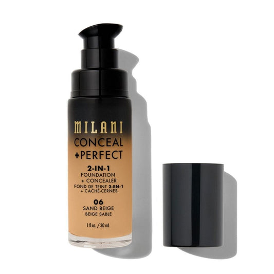 Milani Conceal + Perfect 2-in-1 foundation bottle on a white background