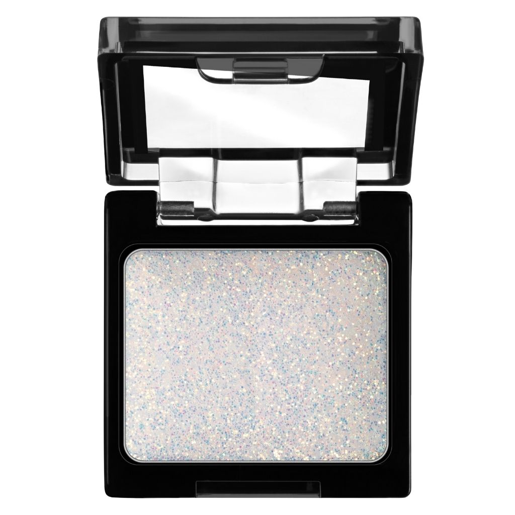 Compact powder with a mirror on top, containing a white glittery powder, on a white background.