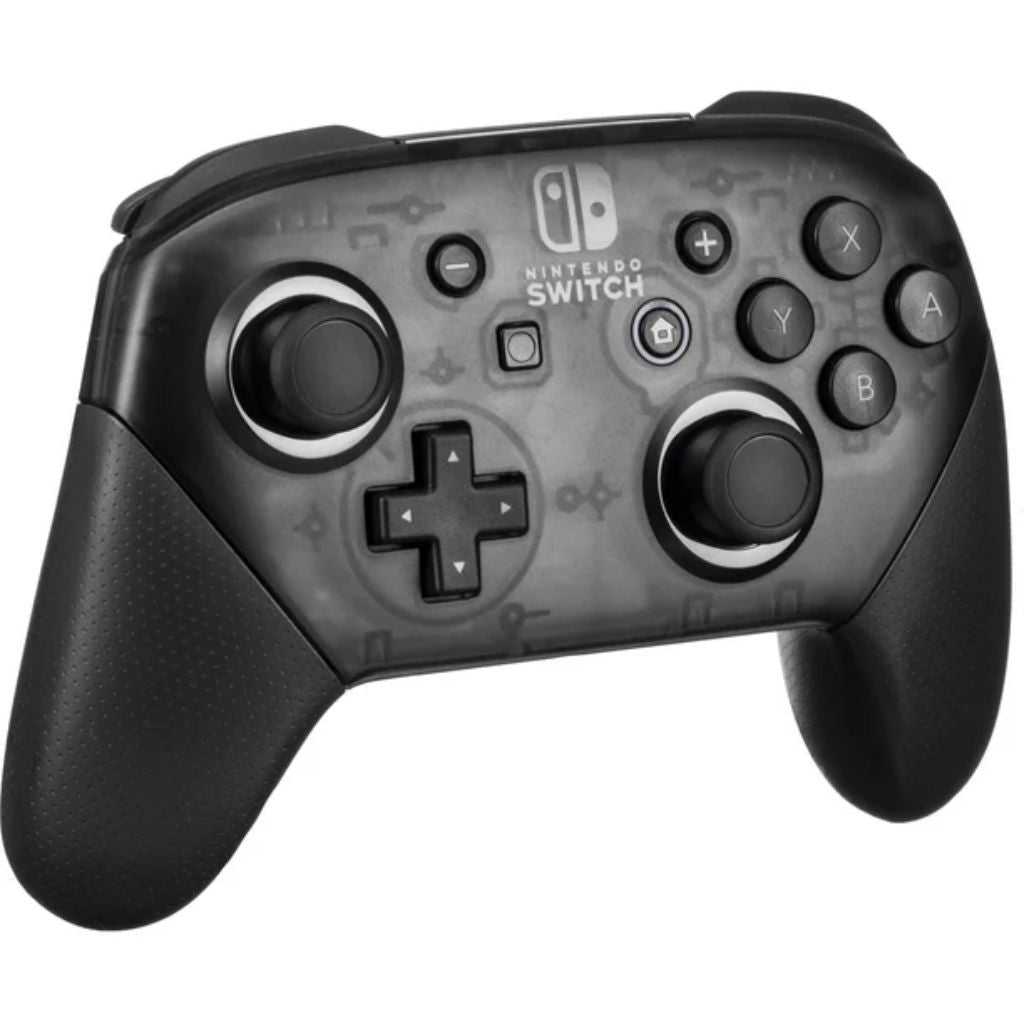 Black Nintendo Switch controller on a white background