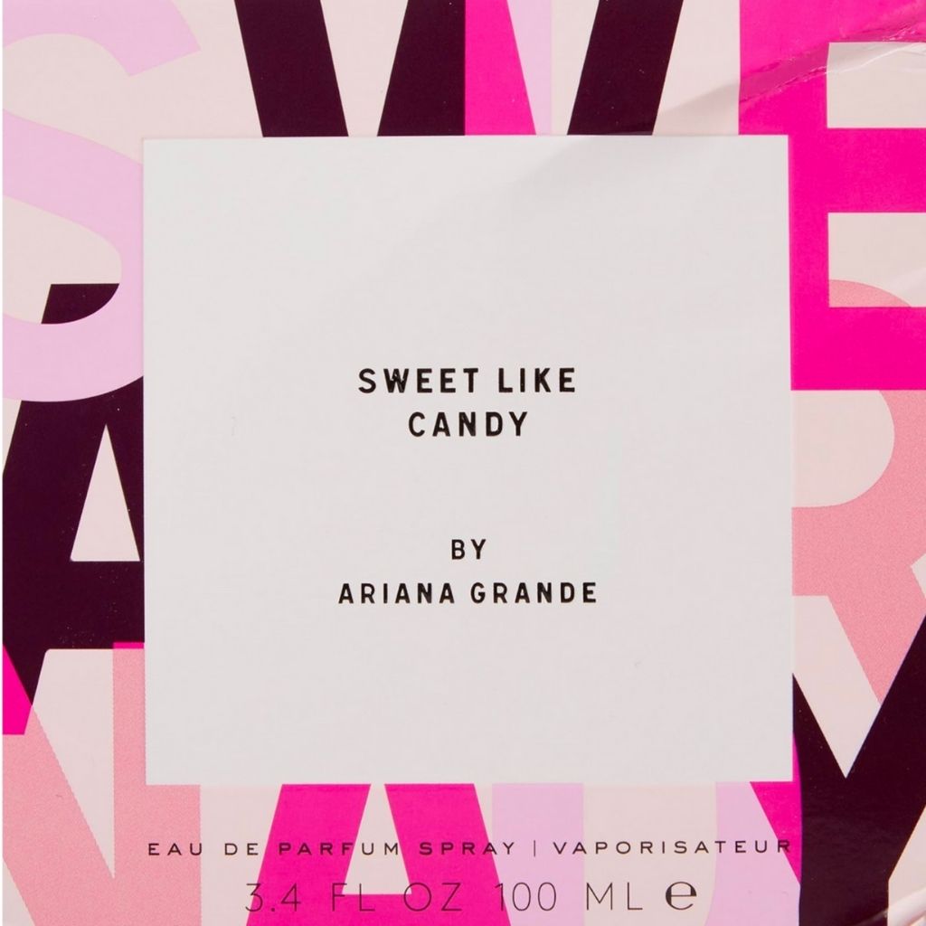 Perfume packaging with 'Sweet Like Candy by Ariana Grande' text on a colorful background