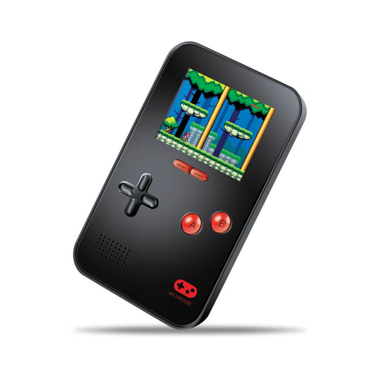 Black handheld gaming device with a classic game displayed on the screen against a white background