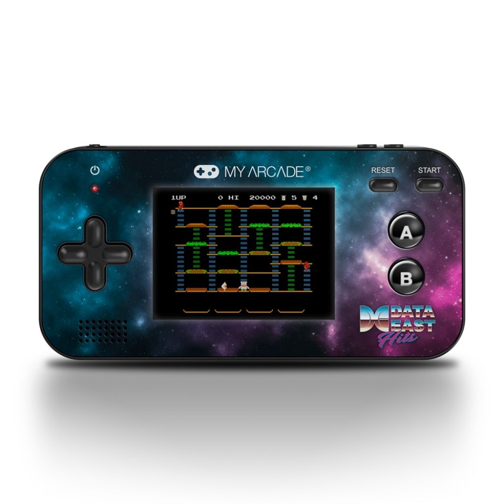 Handheld gaming console with space-themed design on a white background