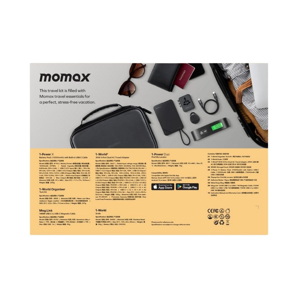 Momax 1-World Travel Essential Kit – 35W Adapter, 10K Power Bank, Cable, Tracker, Weighing Scale & Pouch