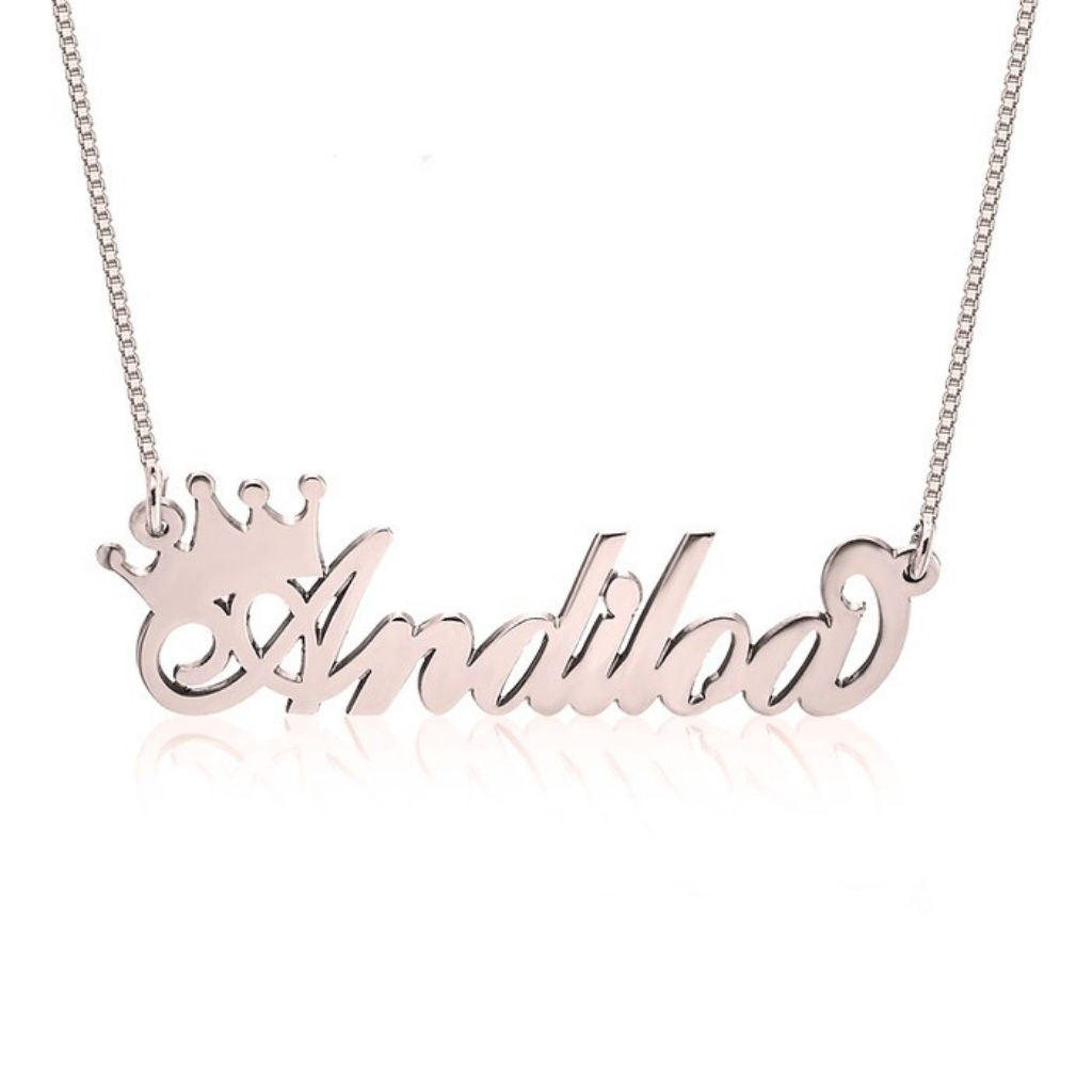 Rose gold name necklace with 'Amelie' on a white background