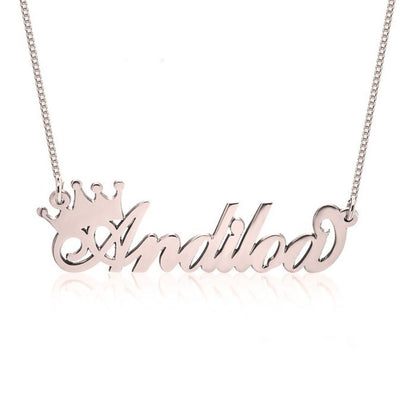 Rose gold name necklace with 'Amelie' on a white background