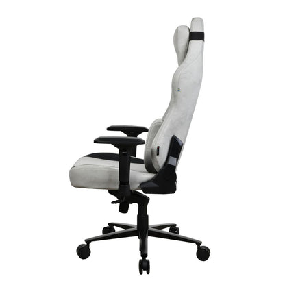 White office chair with black accents on a white background