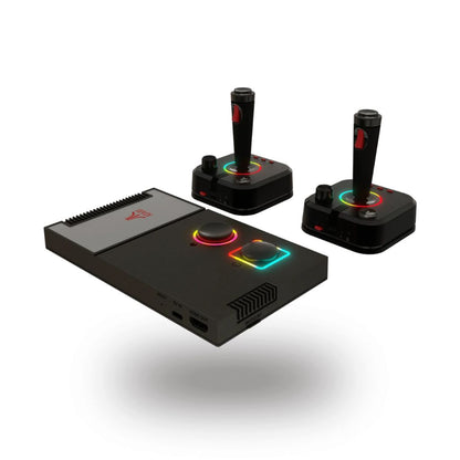 Black gaming console with two joysticks on a white background