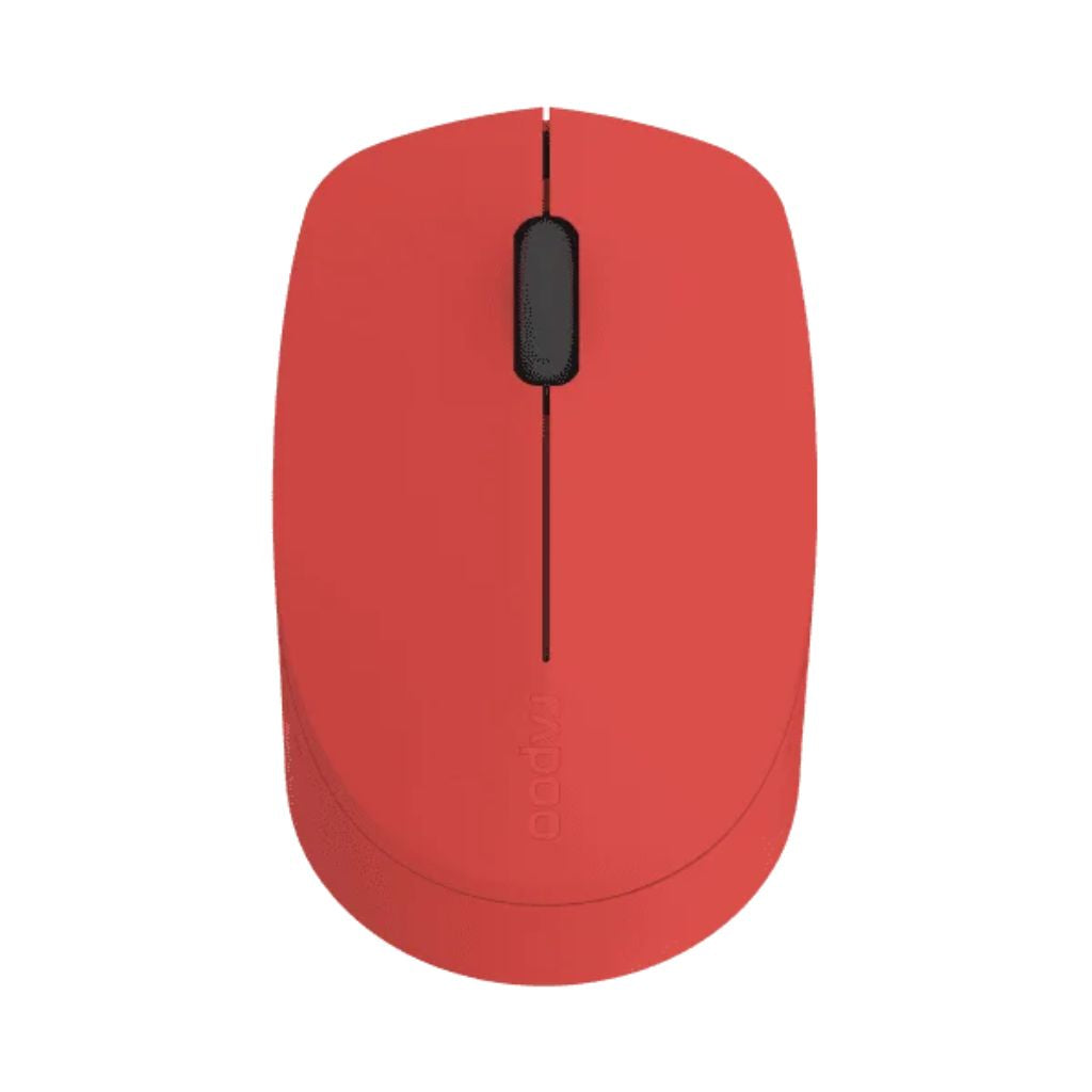 Red computer mouse with a black scroll wheel on a white background