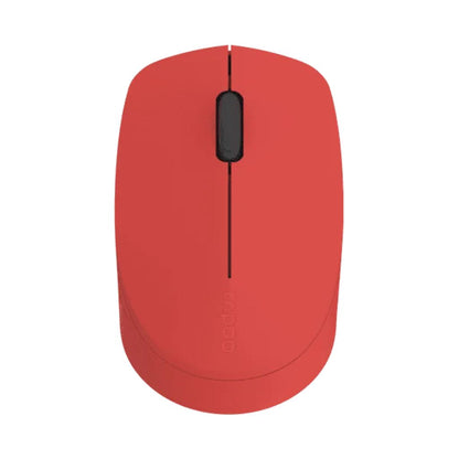 Red computer mouse with a black scroll wheel on a white background