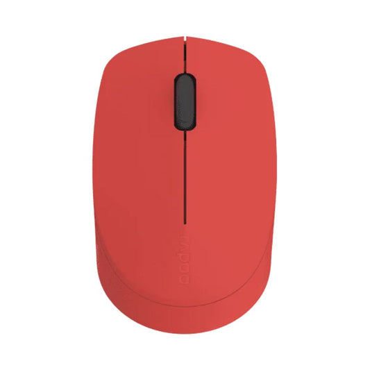 Red computer mouse with a black scroll wheel on a white background
