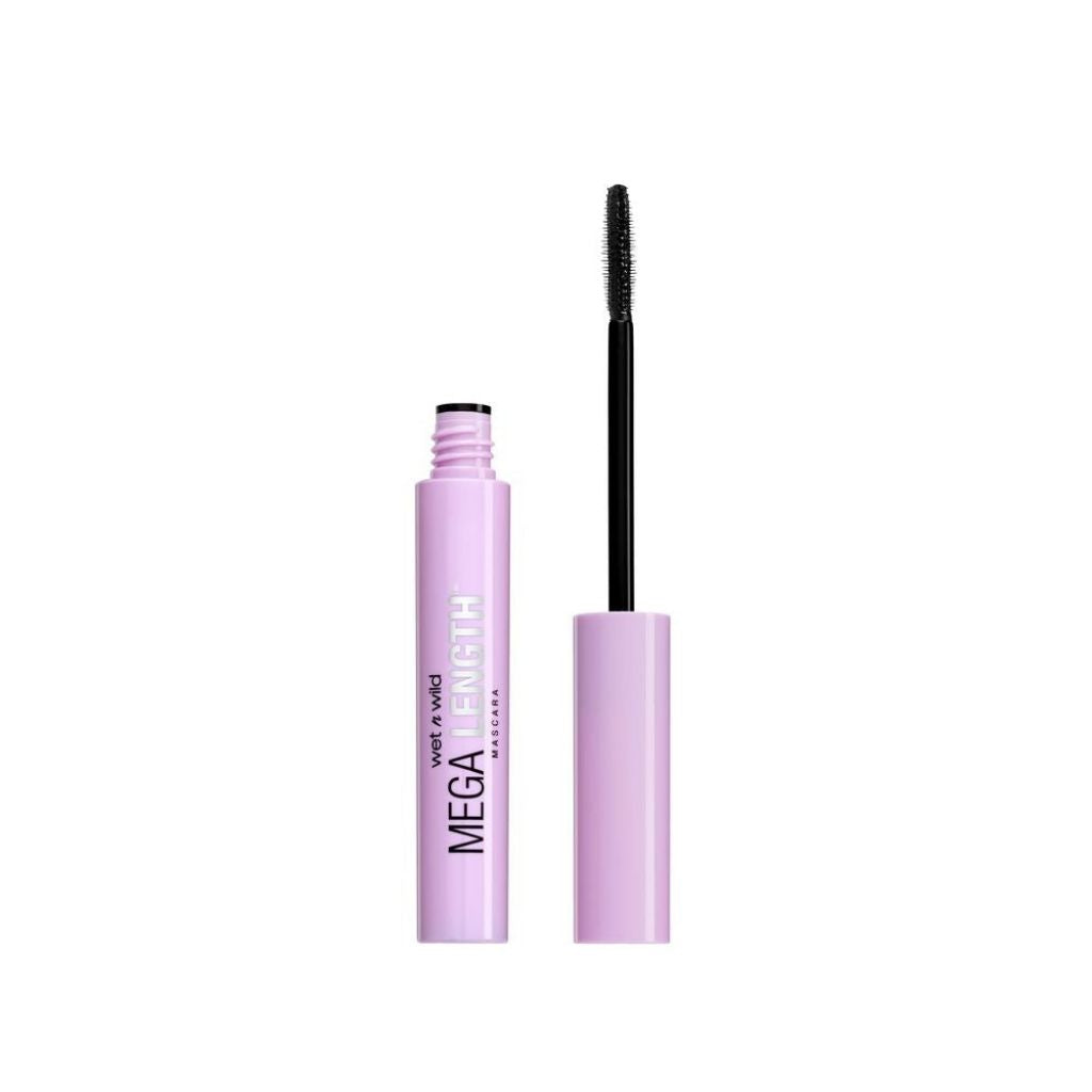 Mascara with purple casing and black wand on a white background