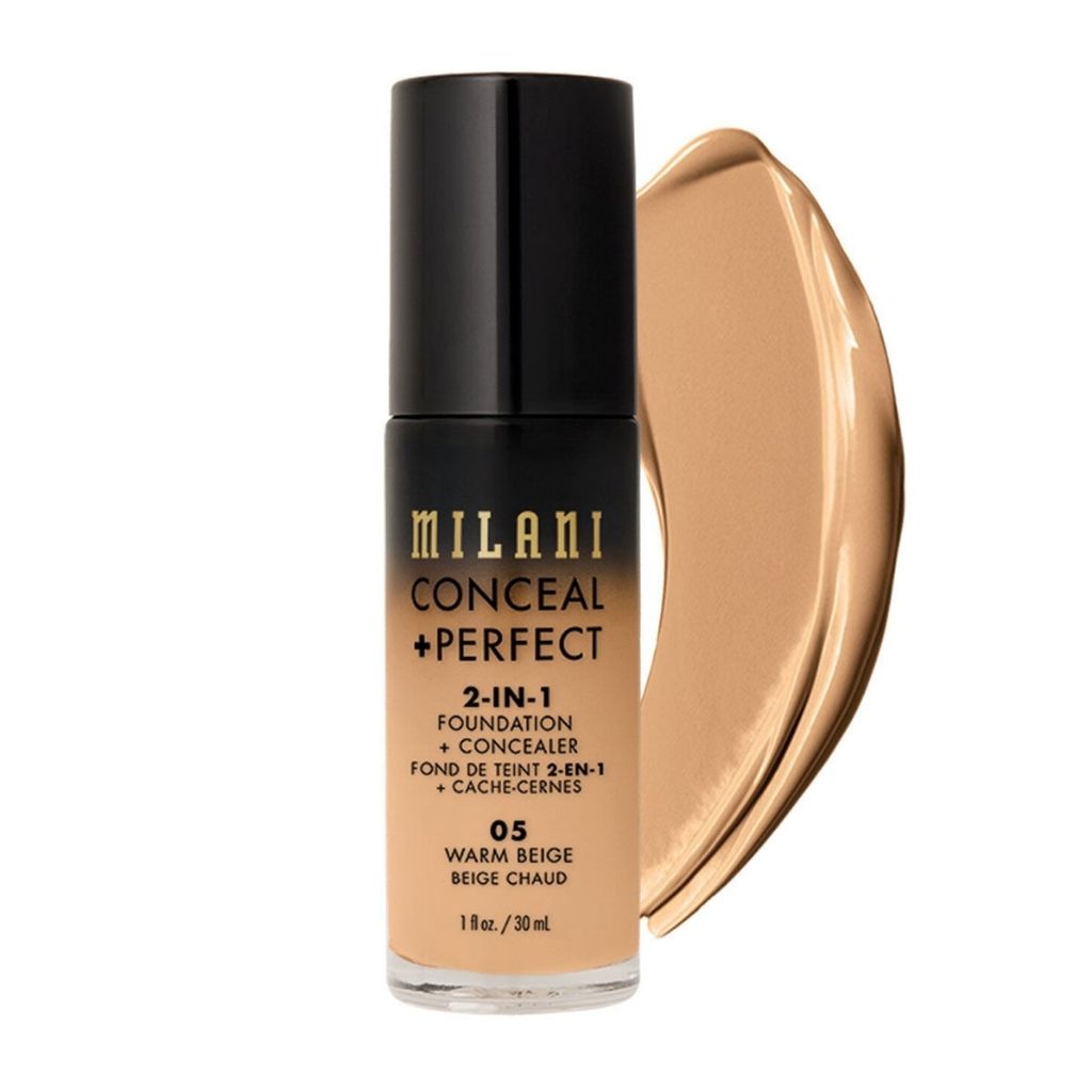 Milani Conceal + Perfect 2-in-1 foundation bottle with a swatch on a white background