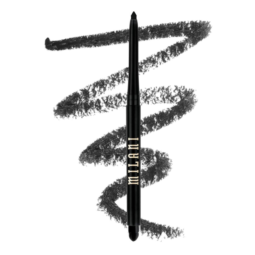 Black eyeliner pencil with swatches on a white background, featuring the brand 'Milani'.