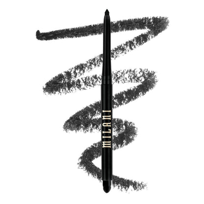 Black eyeliner pencil with swatches on a white background, featuring the brand 'Milani'.