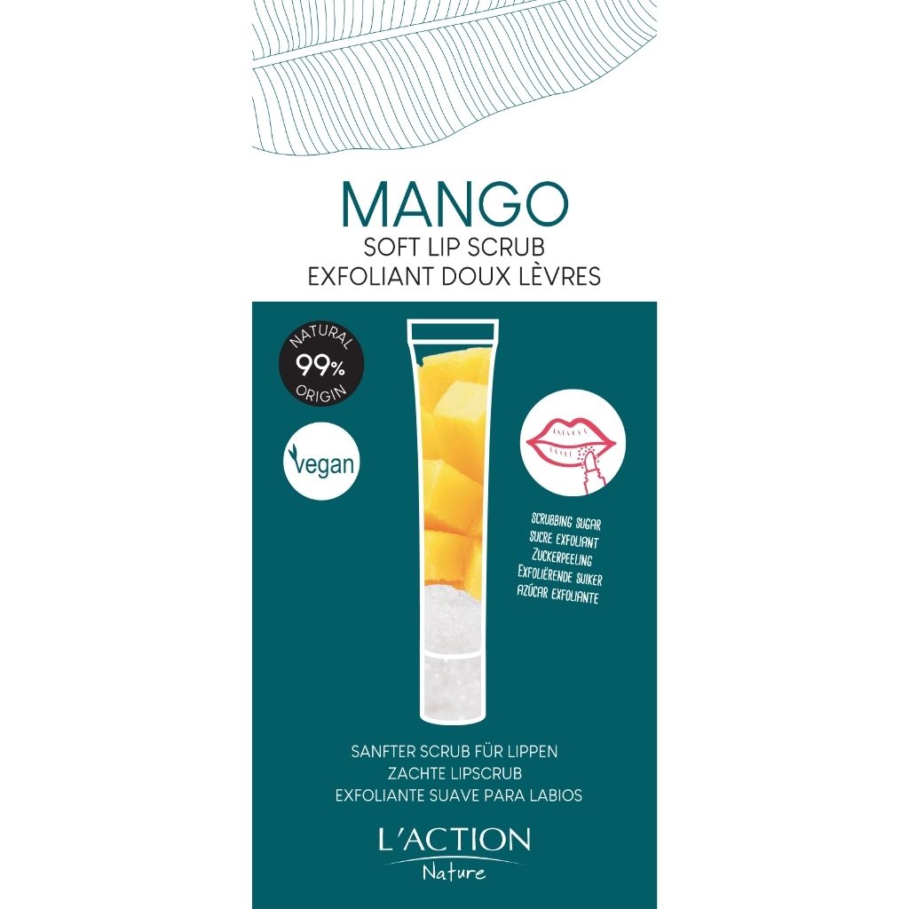 Mango soft lip scrub packaging with branding and product illustration on a white background