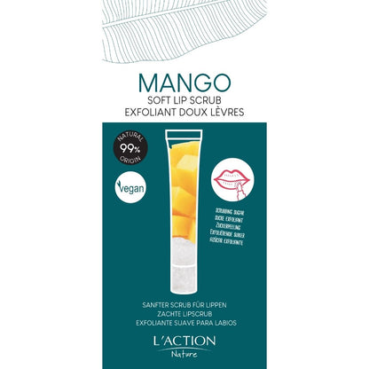 Mango soft lip scrub packaging with branding and product illustration on a white background
