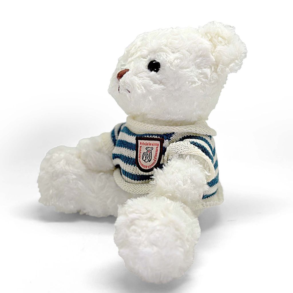 White teddy bear wearing a striped sweater on a white background