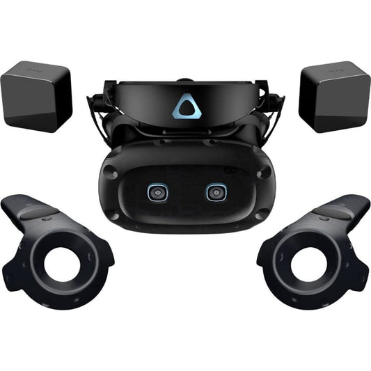 Black VR headset with two controllers on a white background