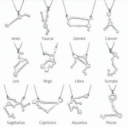 Zodiac sign necklaces labeled Aries through Pisces on a white background