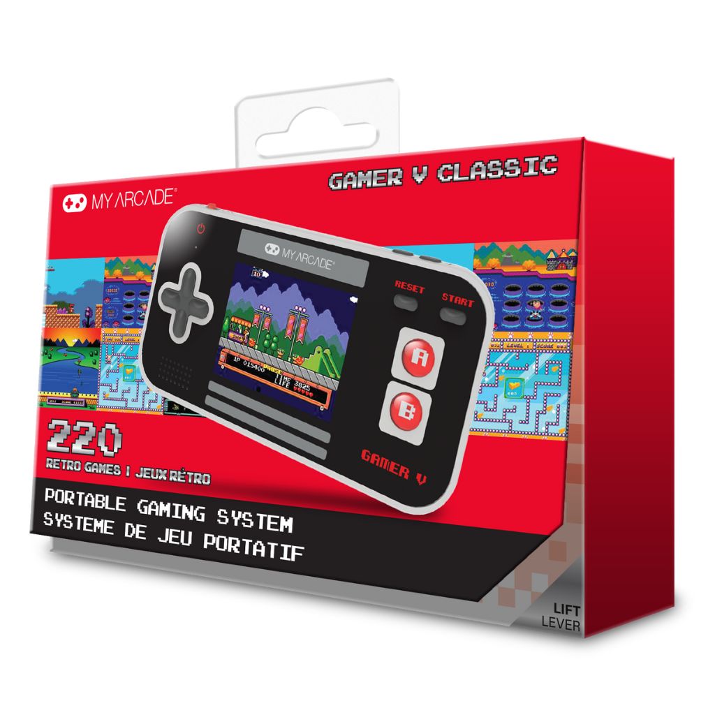 Red packaging of a portable gaming system with a retro design on a white background