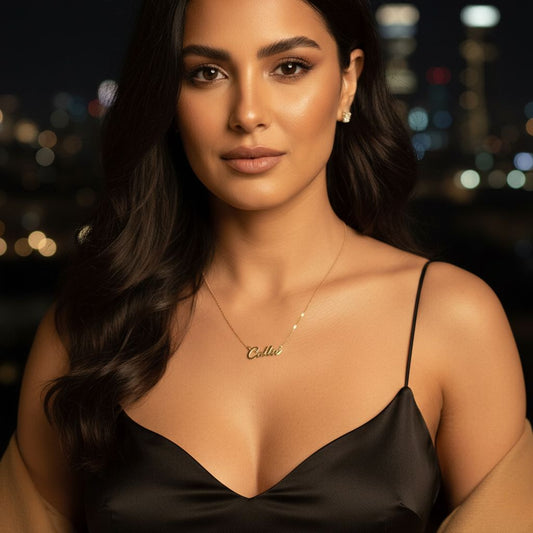 Woman wearing a black dress with a blurred cityscape background