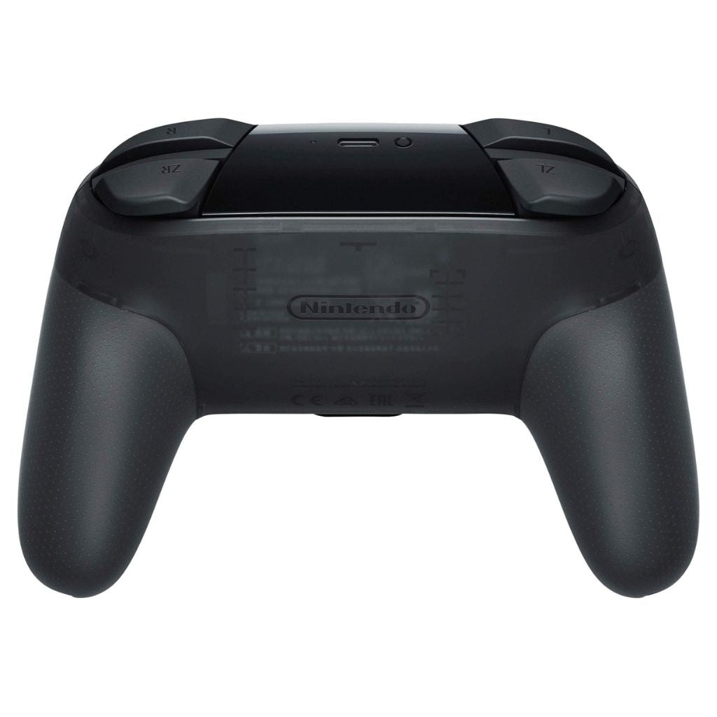 Black gaming controller with Nintendo logo on a white background