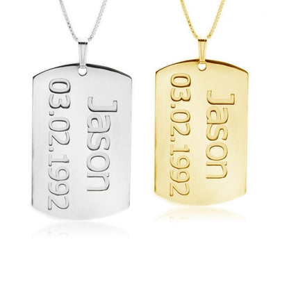 Two dog tags, one silver and one gold, engraved with 'Jason' and a date on a white background.