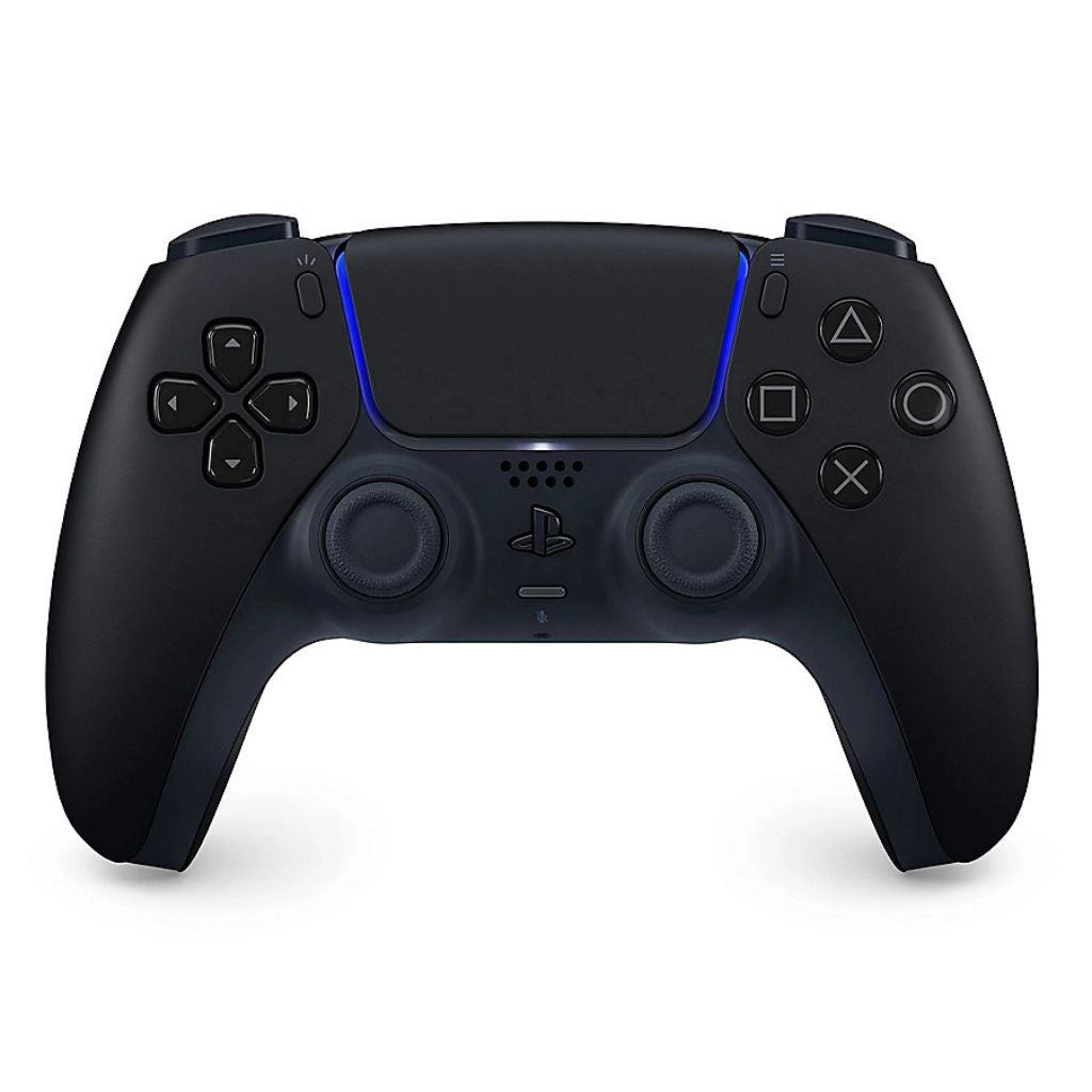 Black gaming controller with blue accents on a white background