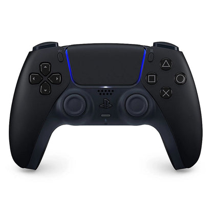 Black gaming controller with blue accents on a white background