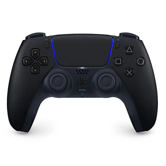 Black gaming controller with blue accents on a white background