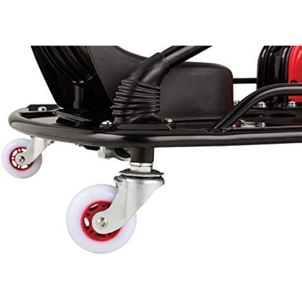 Close-up of a scooter's undercarriage with wheels and metal components on a white background