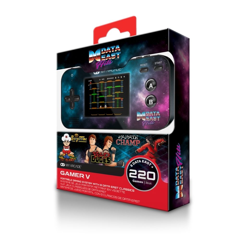 Handheld gaming console with 'Data East' branding on packaging
