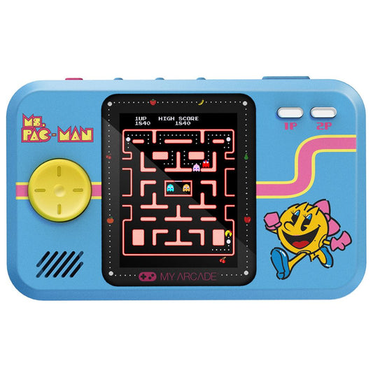 Handheld electronic game console with Pac-Man design on a white background